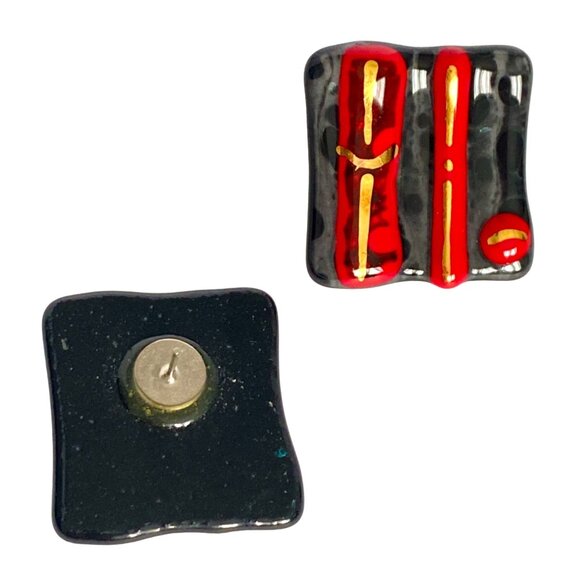 Abstract Geometric Fused Glass Gray Red Gold Black Lightweight Pierced Earrings - Picture 4 of 8